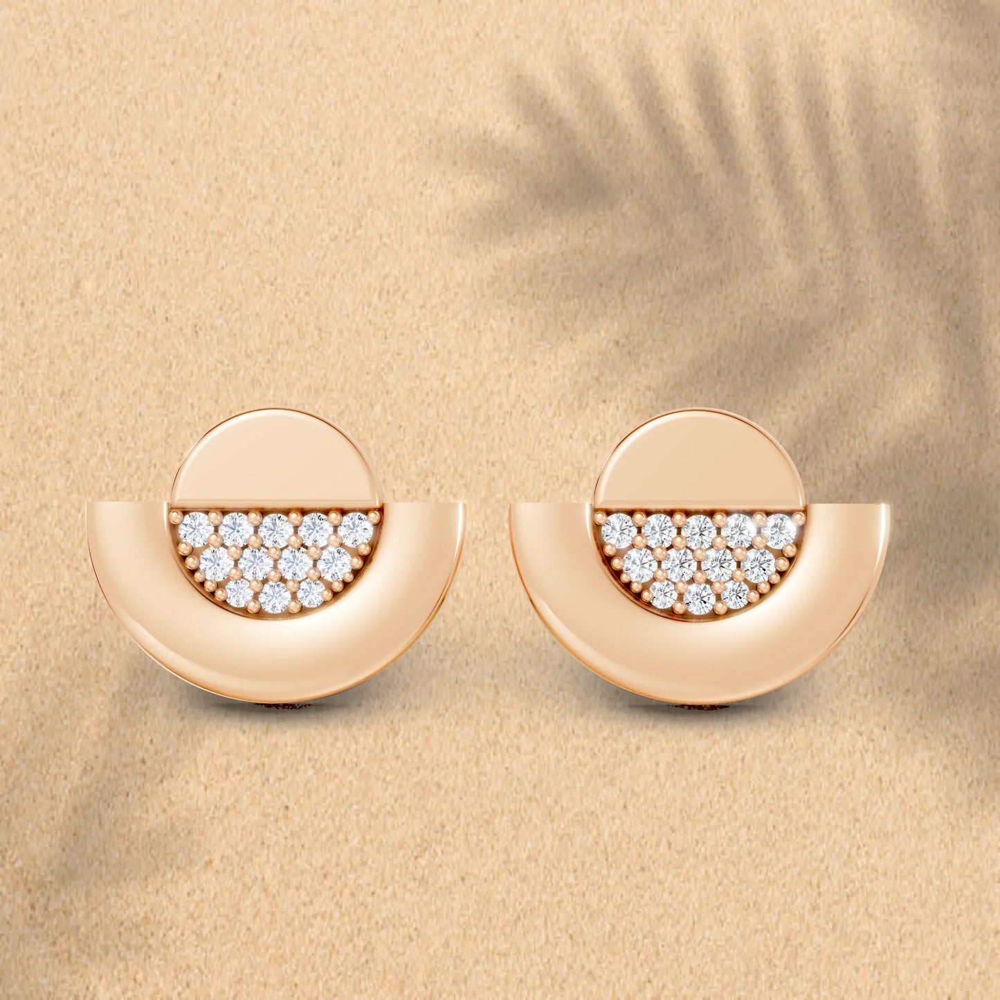 14K Gold Round Cut Diamond Half Moon Halo Stud Earring