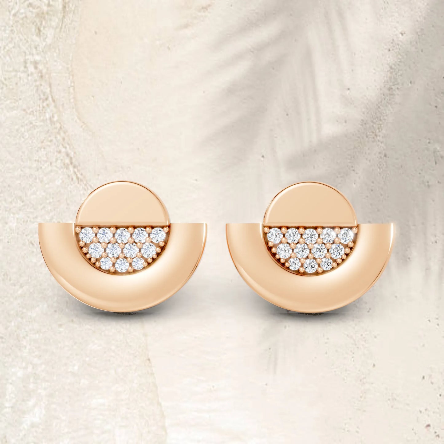 14K Gold Round Cut Diamond Half Moon Halo Stud Earring