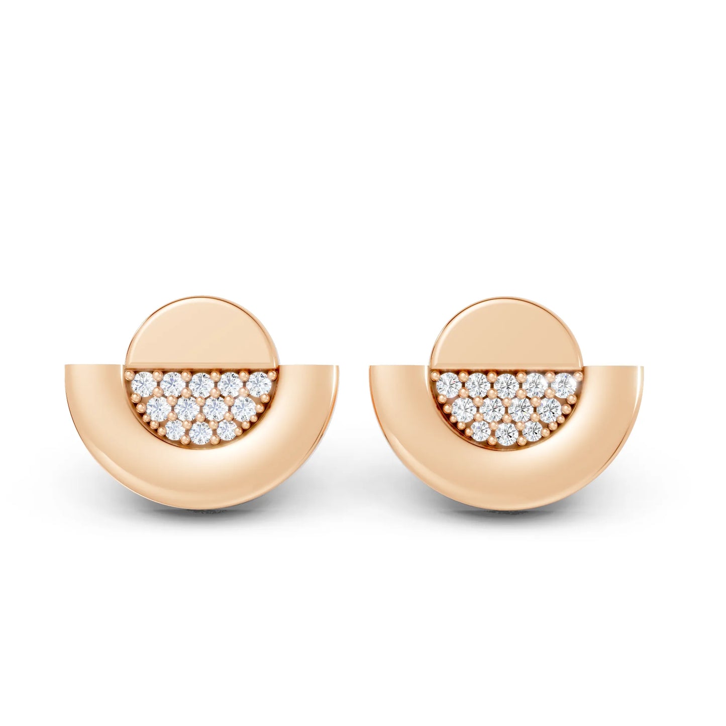 14K Gold Round Cut Diamond Half Moon Halo Stud Earring