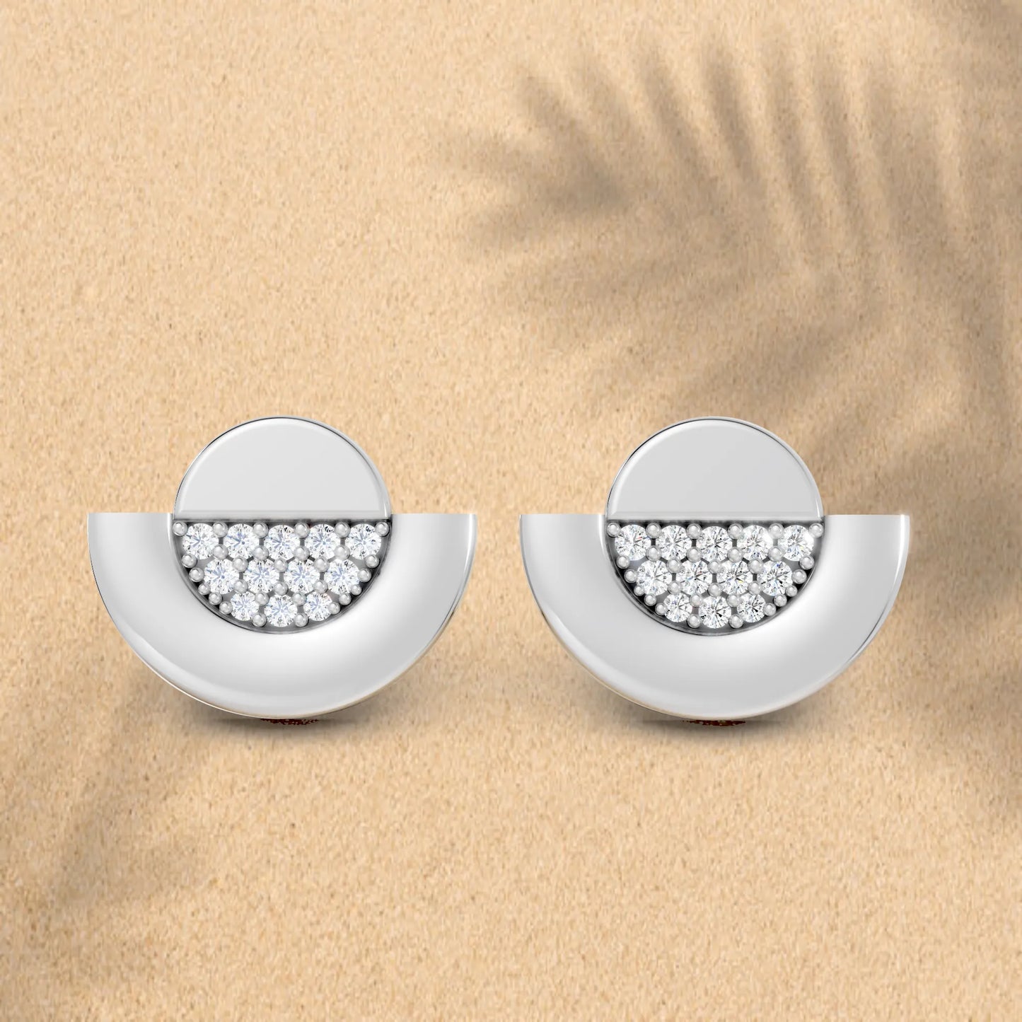 14K Gold Round Cut Diamond Half Moon Halo Stud Earring