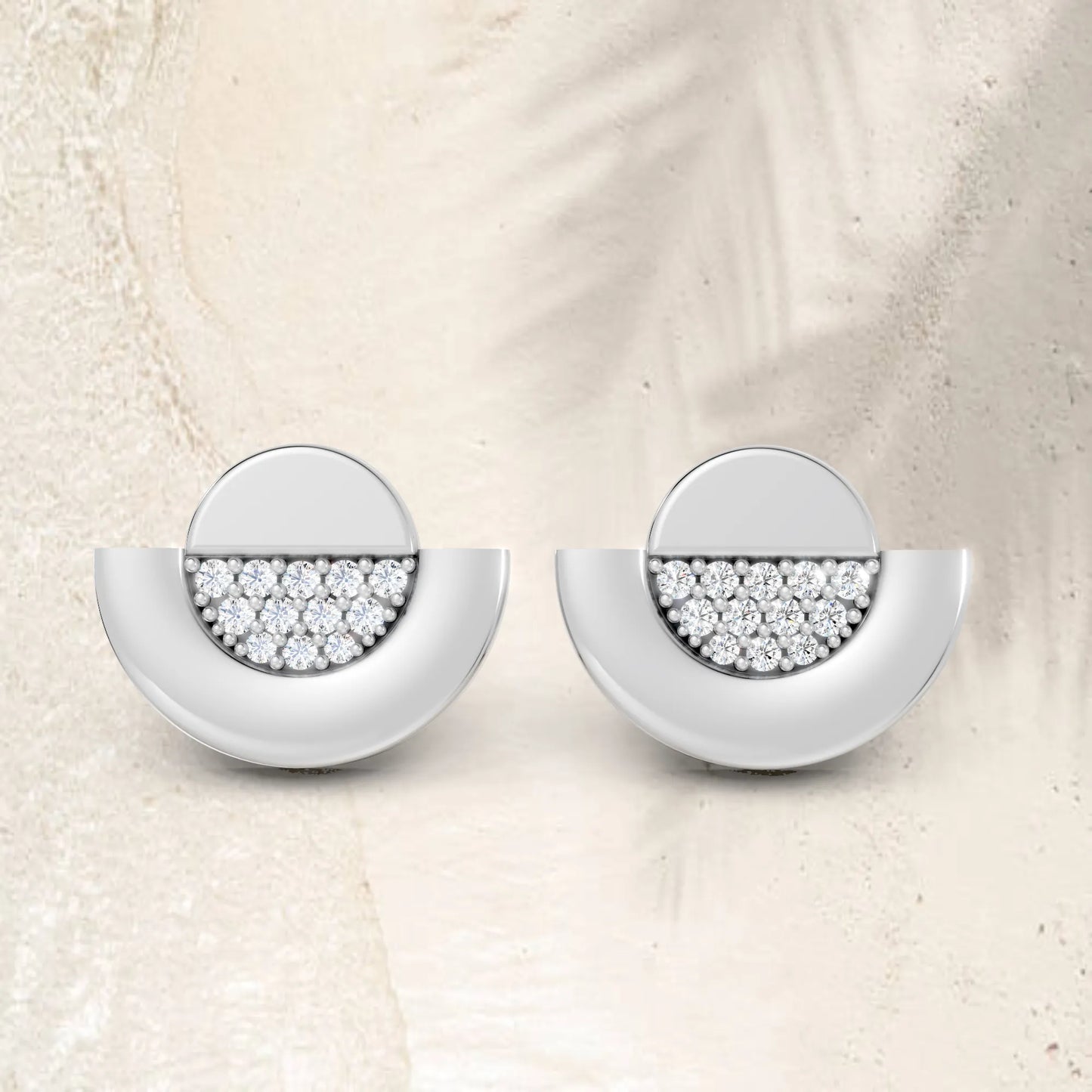 14K Gold Round Cut Diamond Half Moon Halo Stud Earring