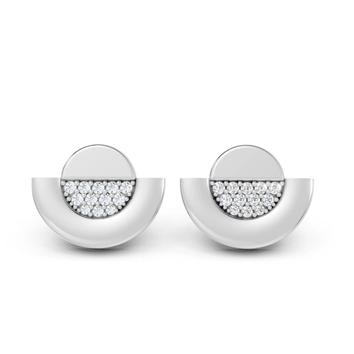 14K Gold Round Cut Diamond Half Moon Halo Stud Earring