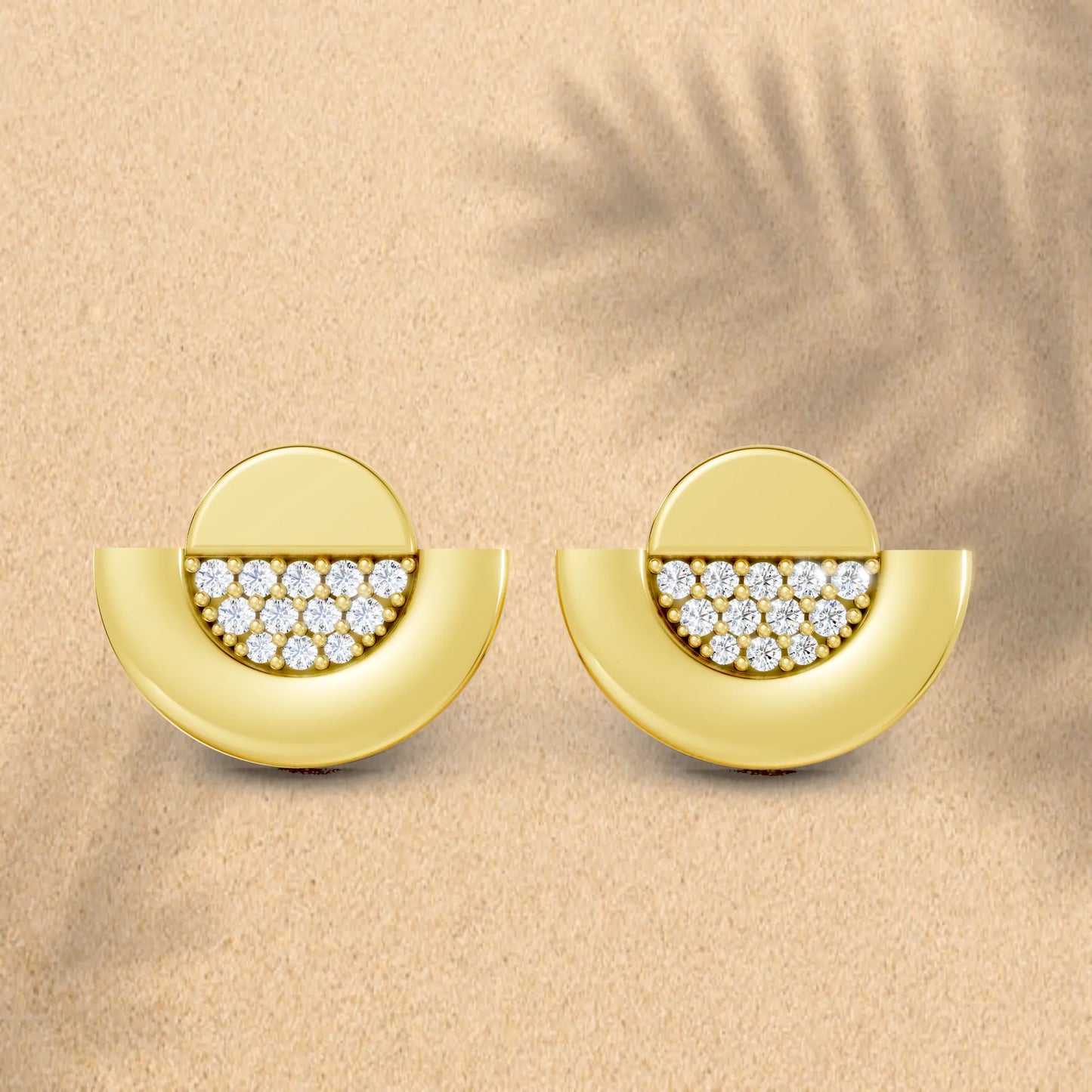14K Gold Round Cut Diamond Half Moon Halo Stud Earring