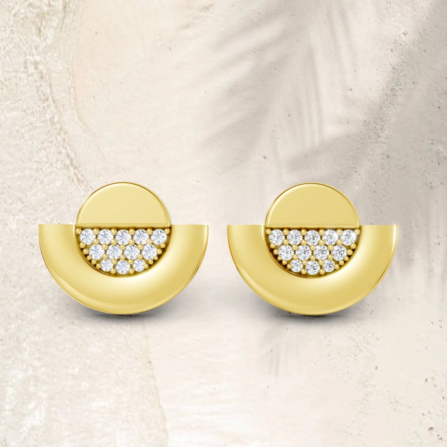 14K Gold Round Cut Diamond Half Moon Halo Stud Earring
