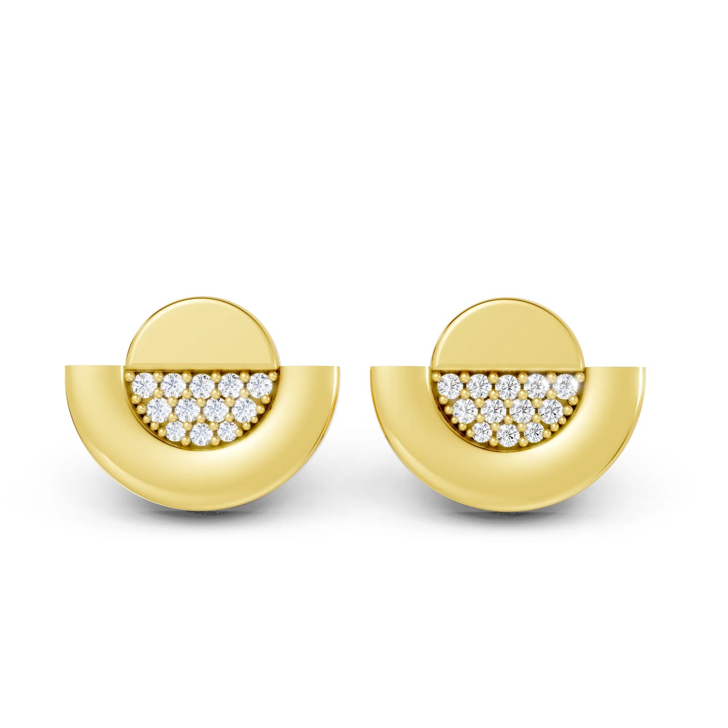 14K Gold Round Cut Diamond Half Moon Halo Stud Earring