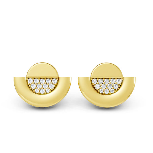 14K Gold Round Cut Diamond Half Moon Halo Stud Earring