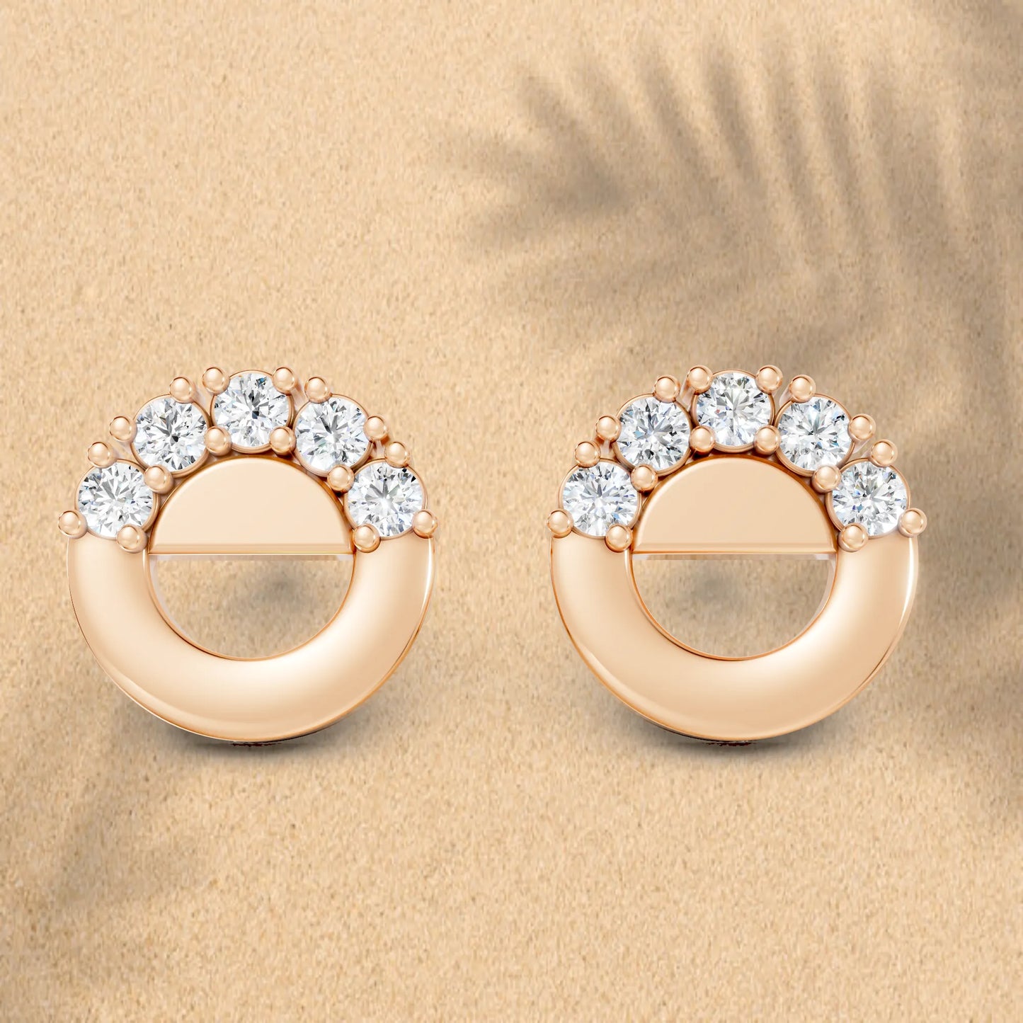 14K Gold Round Cut Diamond Full Moon Halo Stud Earring