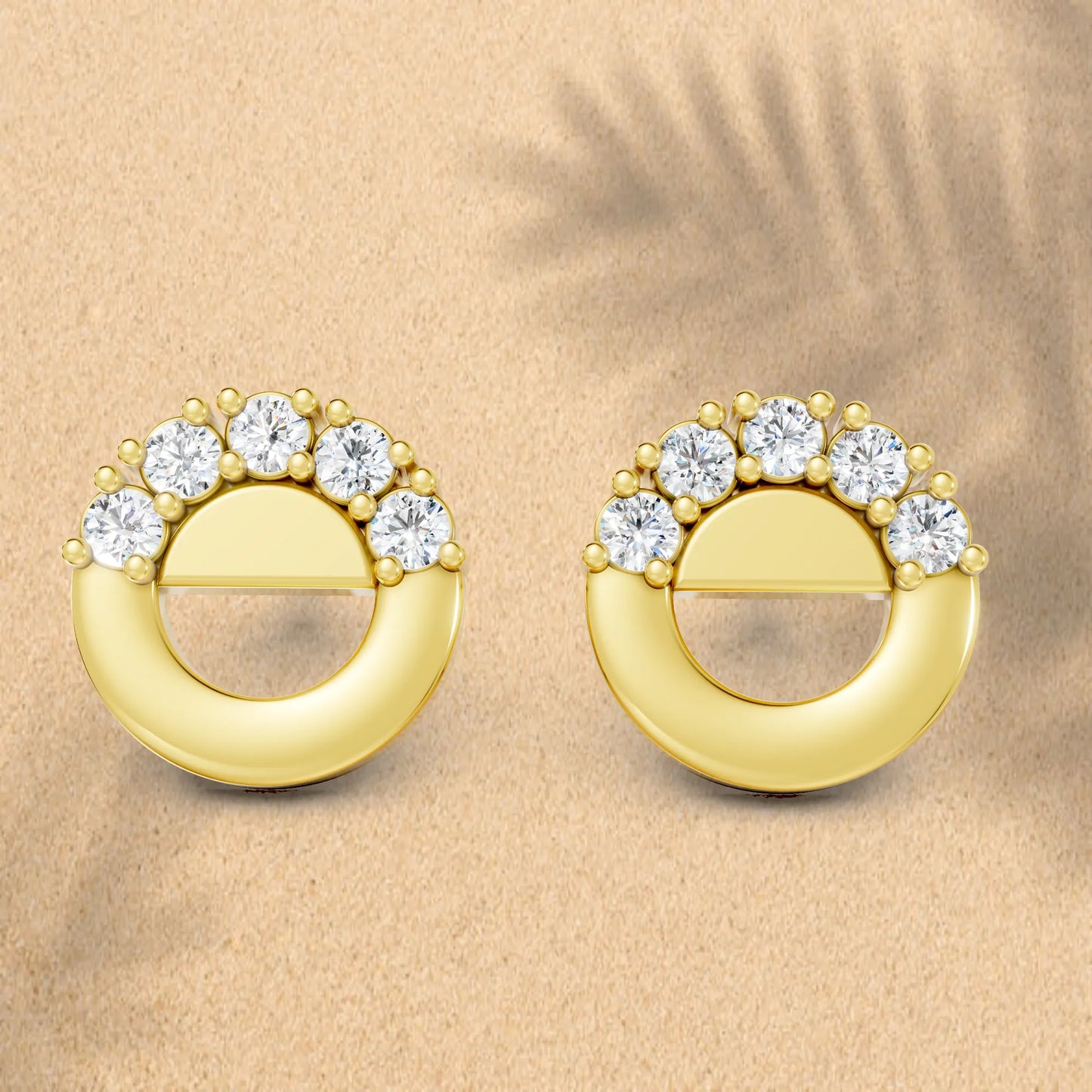 14K Gold Round Cut Diamond Full Moon Halo Stud Earring