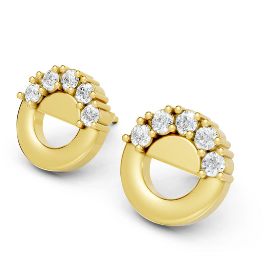 14K Gold Round Cut Diamond Full Moon Halo Stud Earring