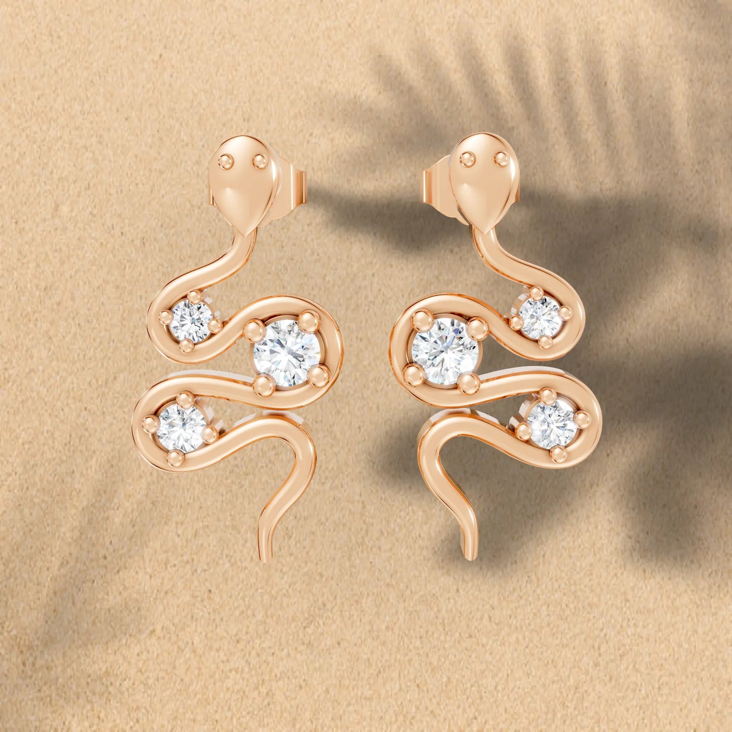 14K Gold Snake Inspired Three Round Diamond Earrings (Prong Setting)