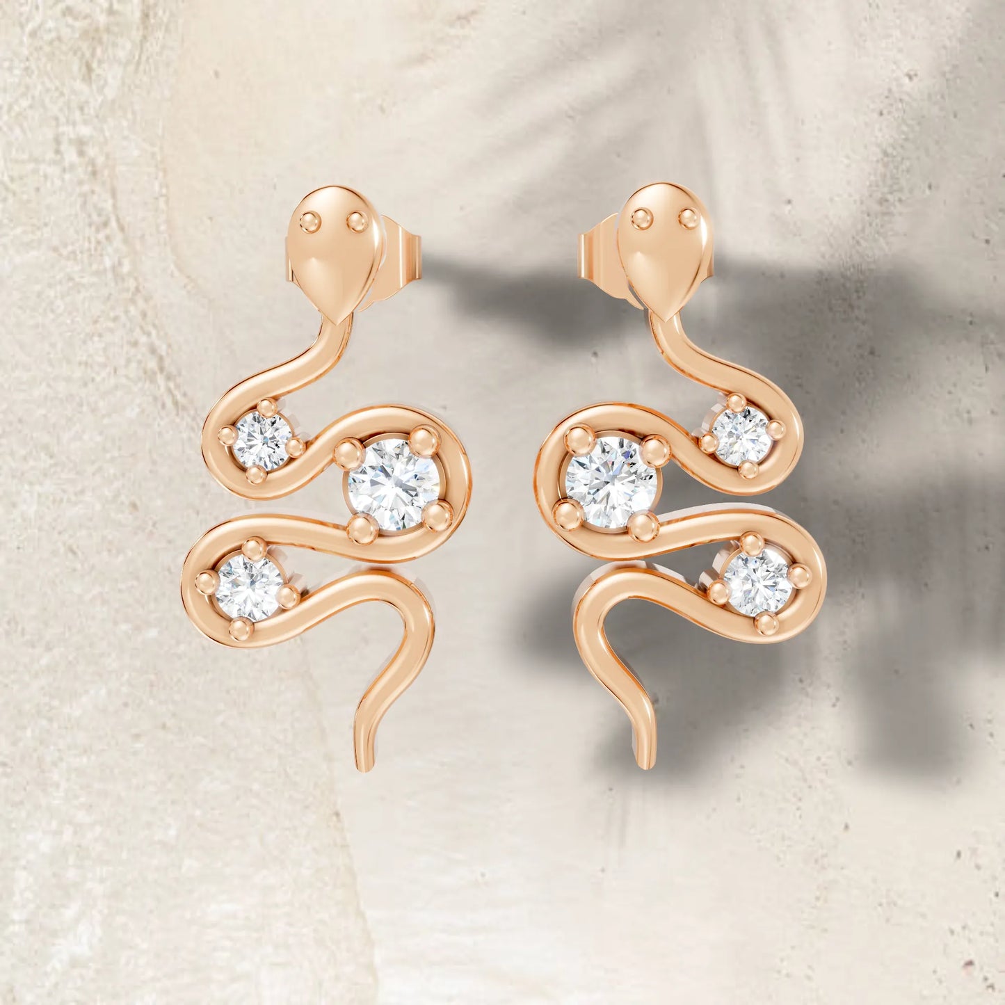 14K Gold Snake Inspired Three Round Diamond Earrings (Prong Setting)
