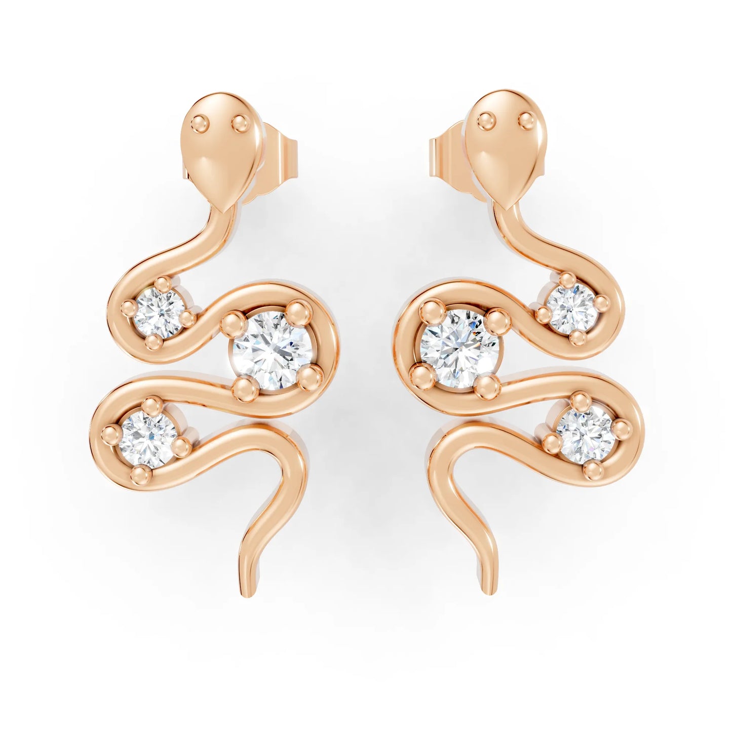 14K Gold Snake Inspired Three Round Diamond Earrings (Prong Setting)