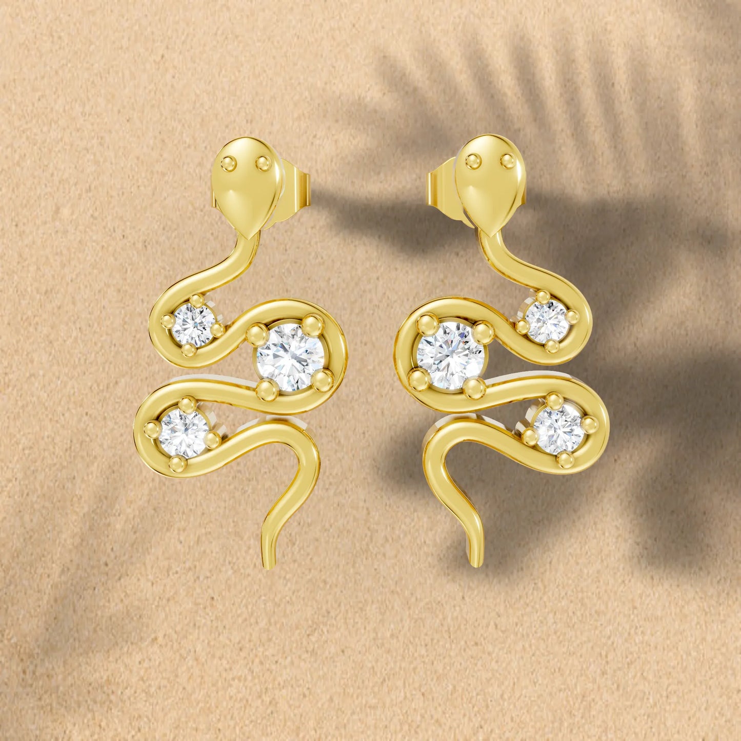 14K Gold Snake Inspired Three Round Diamond Earrings (Prong Setting)