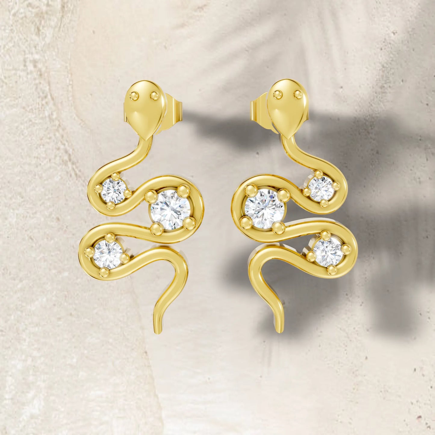 14K Gold Snake Inspired Three Round Diamond Earrings (Prong Setting)
