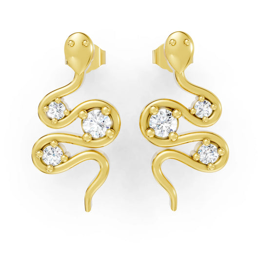 14K Gold Snake Inspired Three Round Diamond Earrings (Prong Setting)