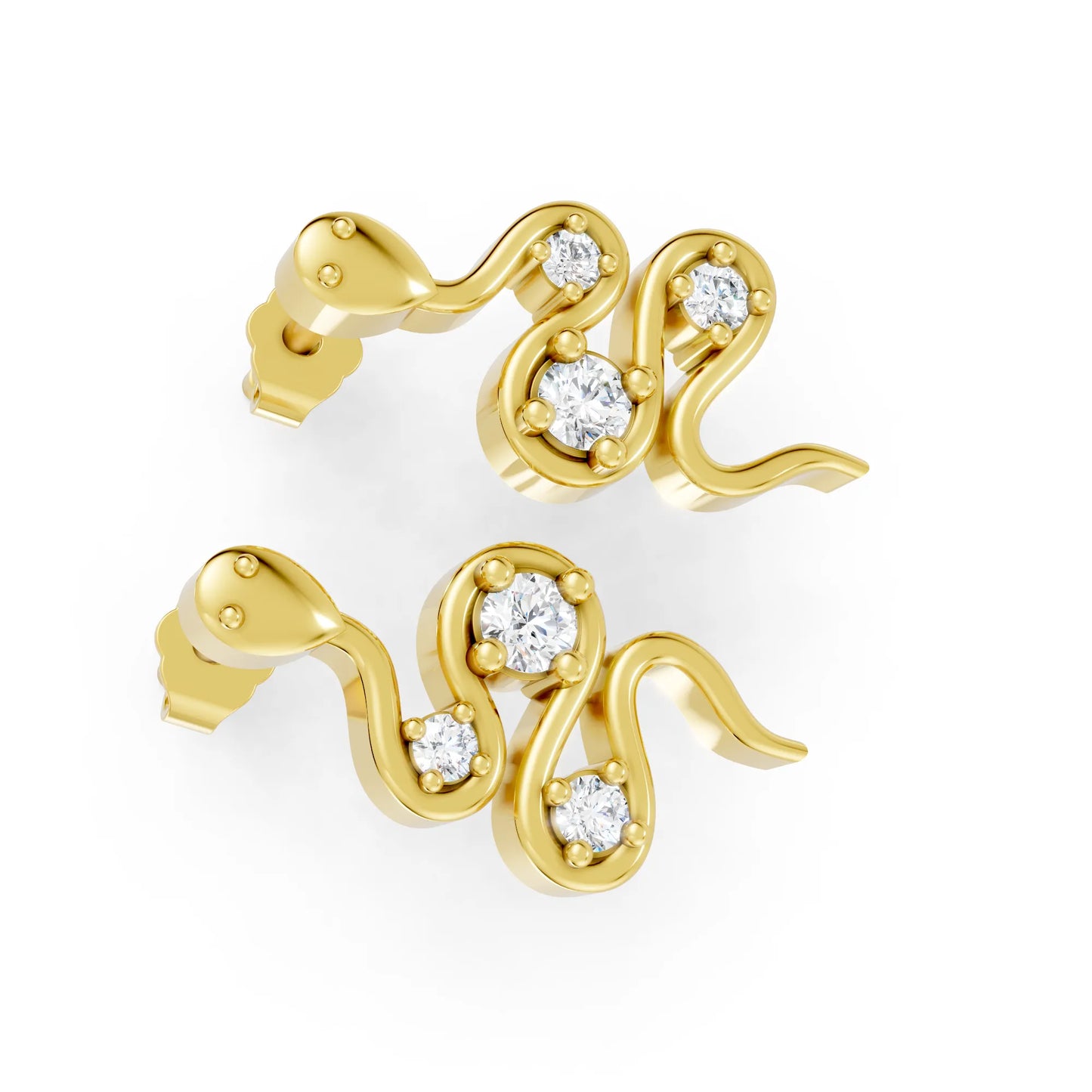 14K Gold Snake Inspired Three Round Diamond Earrings (Prong Setting)