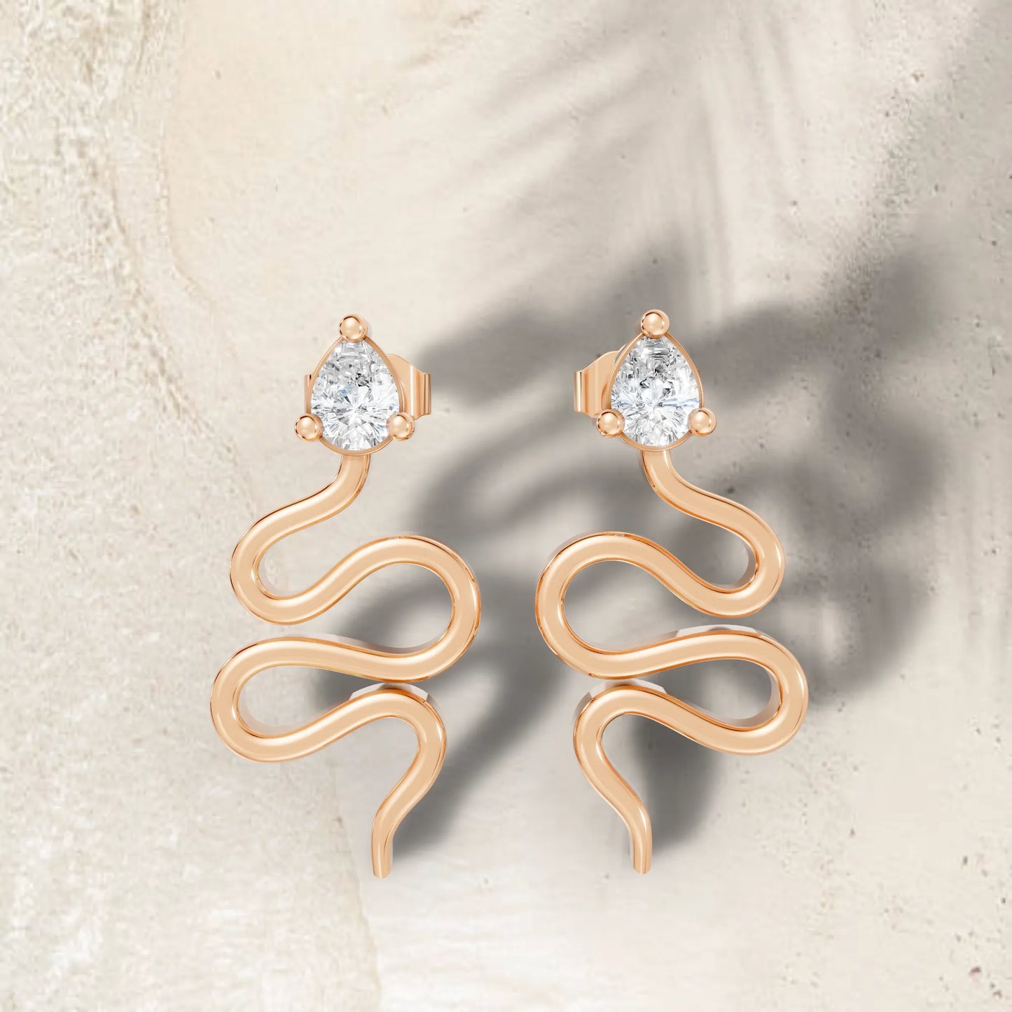 14K Gold Snake Inspired Pear Diamond Earrings (Prong Setting)
