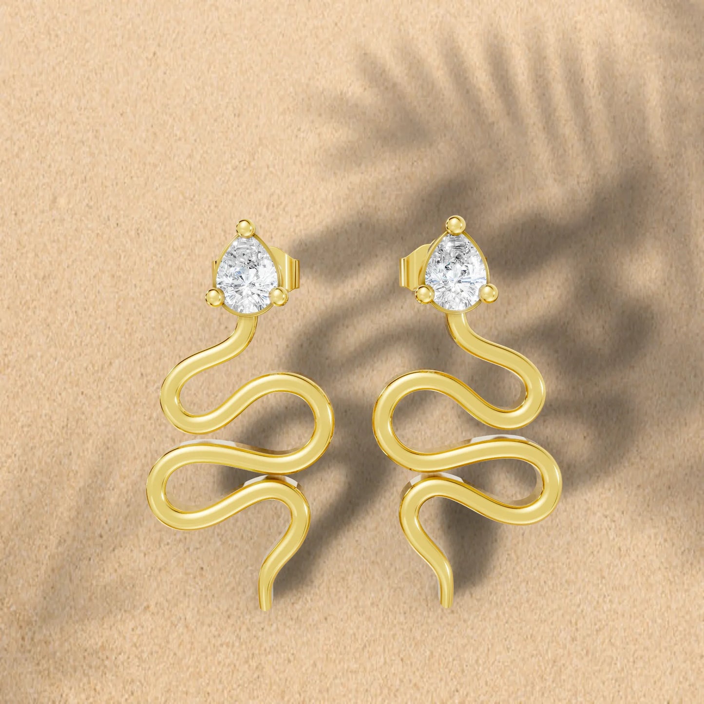 14K Gold Snake Inspired Pear Diamond Earrings (Prong Setting)
