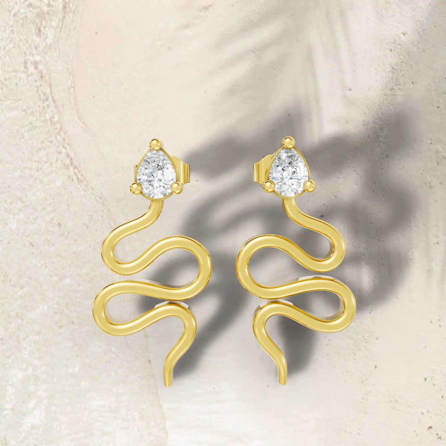 14K Gold Snake Inspired Pear Diamond Earrings (Prong Setting)