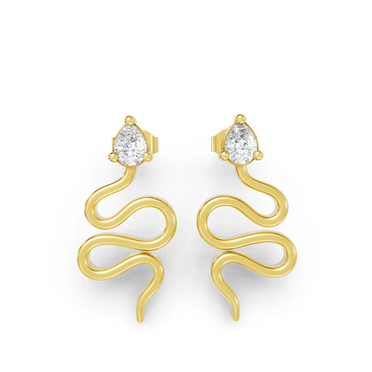 14K Gold Snake Inspired Pear Diamond Earrings (Prong Setting)