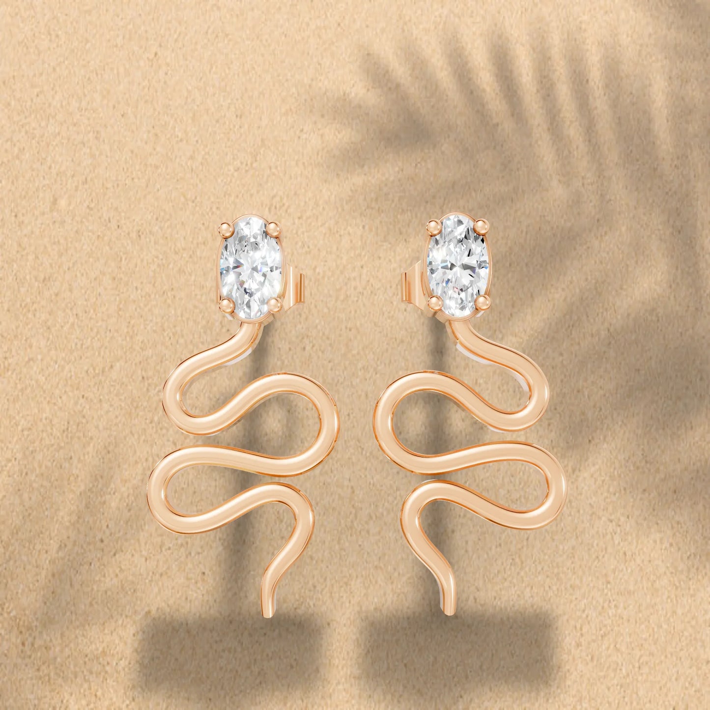 14K Gold Snake Inspired Oval Diamond Earrings (Prong Setting)