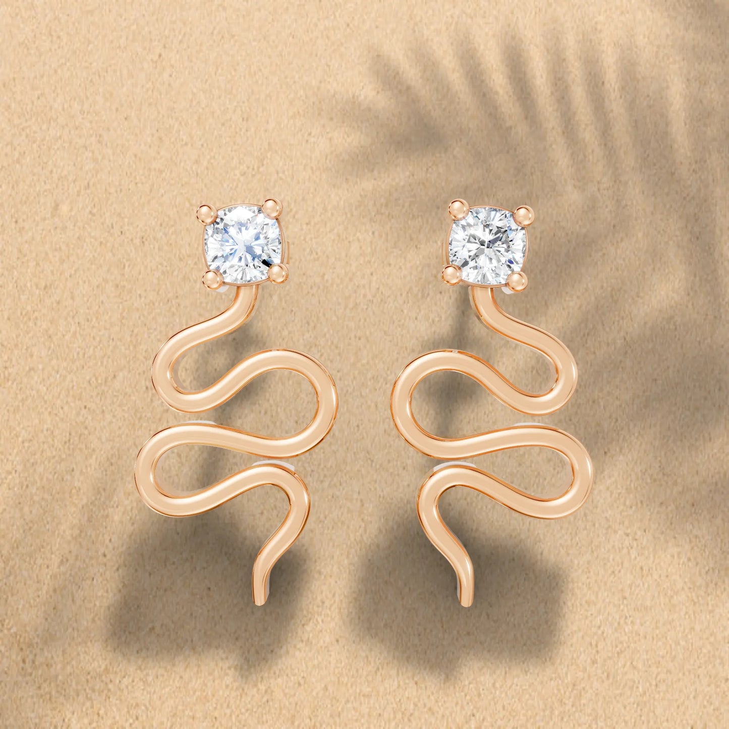 14K Gold Snake Inspired Cushion Diamond Earrings (Prong Setting)