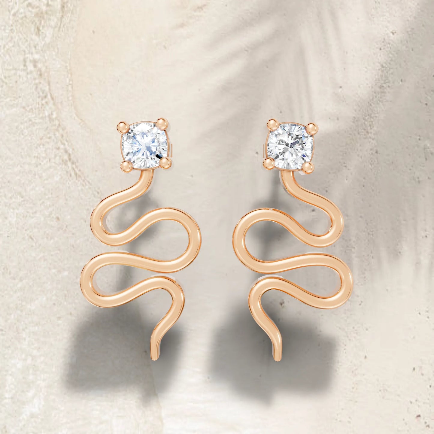 14K Gold Snake Inspired Cushion Diamond Earrings (Prong Setting)
