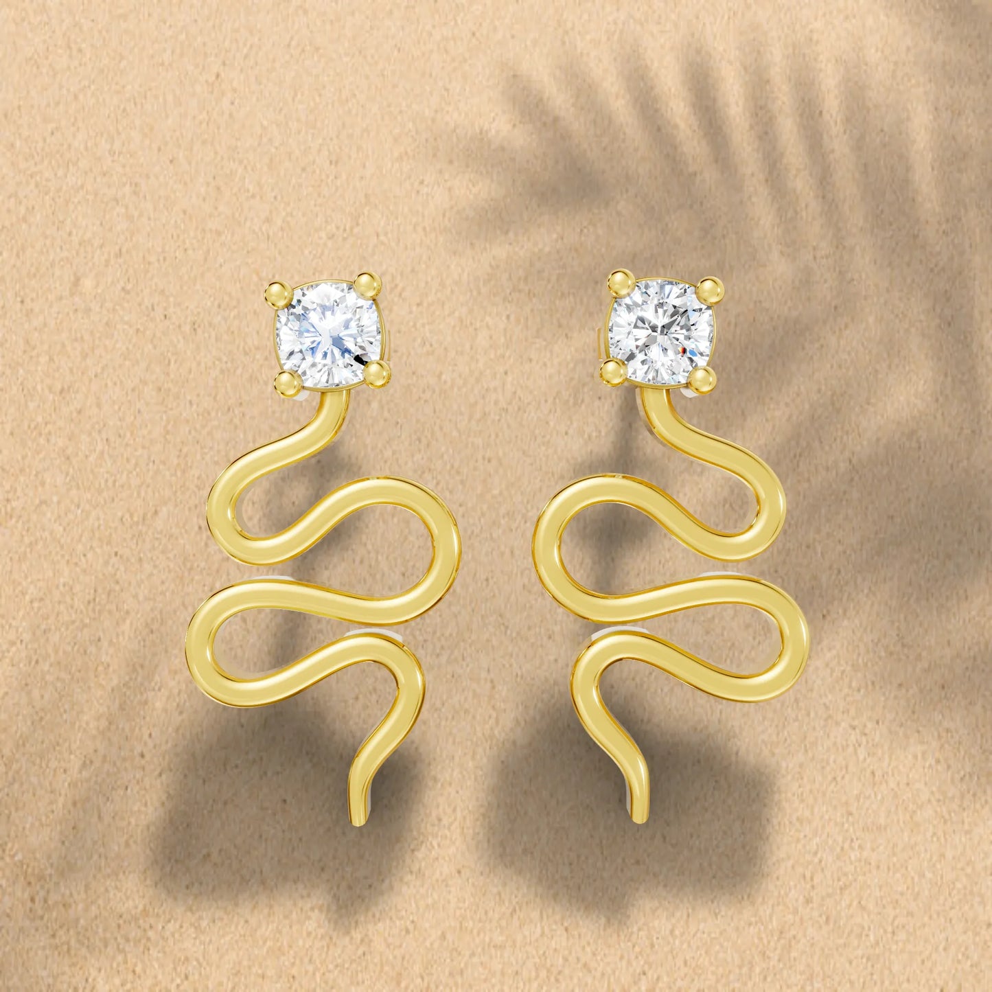 14K Gold Snake Inspired Cushion Diamond Earrings (Prong Setting)