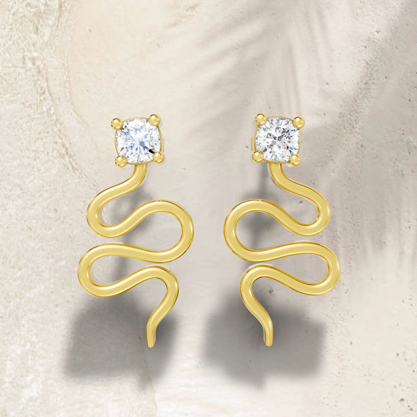 14K Gold Snake Inspired Cushion Diamond Earrings (Prong Setting)