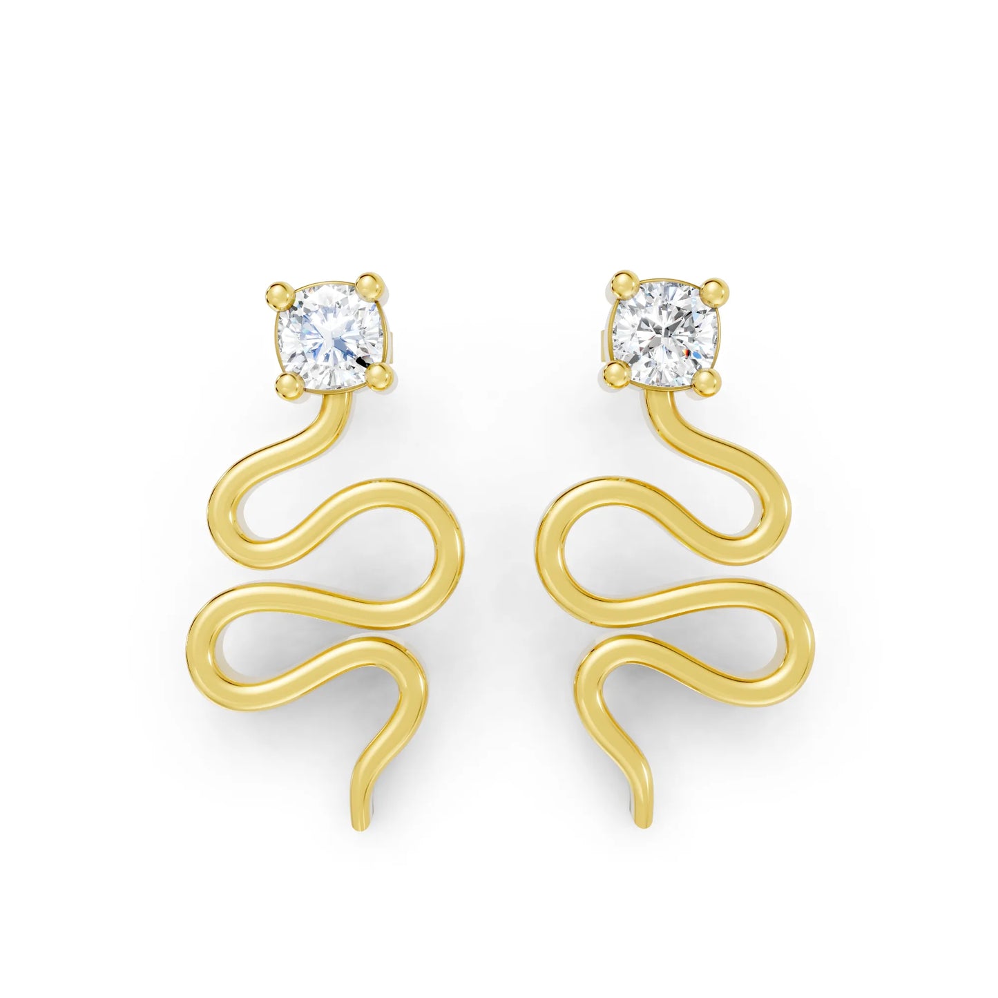 14K Gold Snake Inspired Cushion Diamond Earrings (Prong Setting)