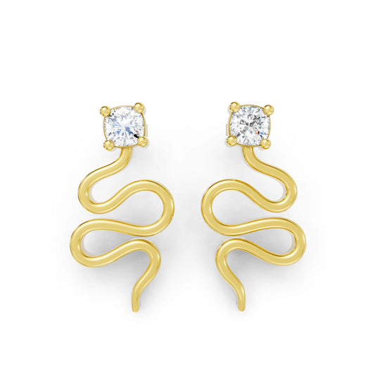 14K Gold Snake Inspired Cushion Diamond Earrings (Prong Setting)
