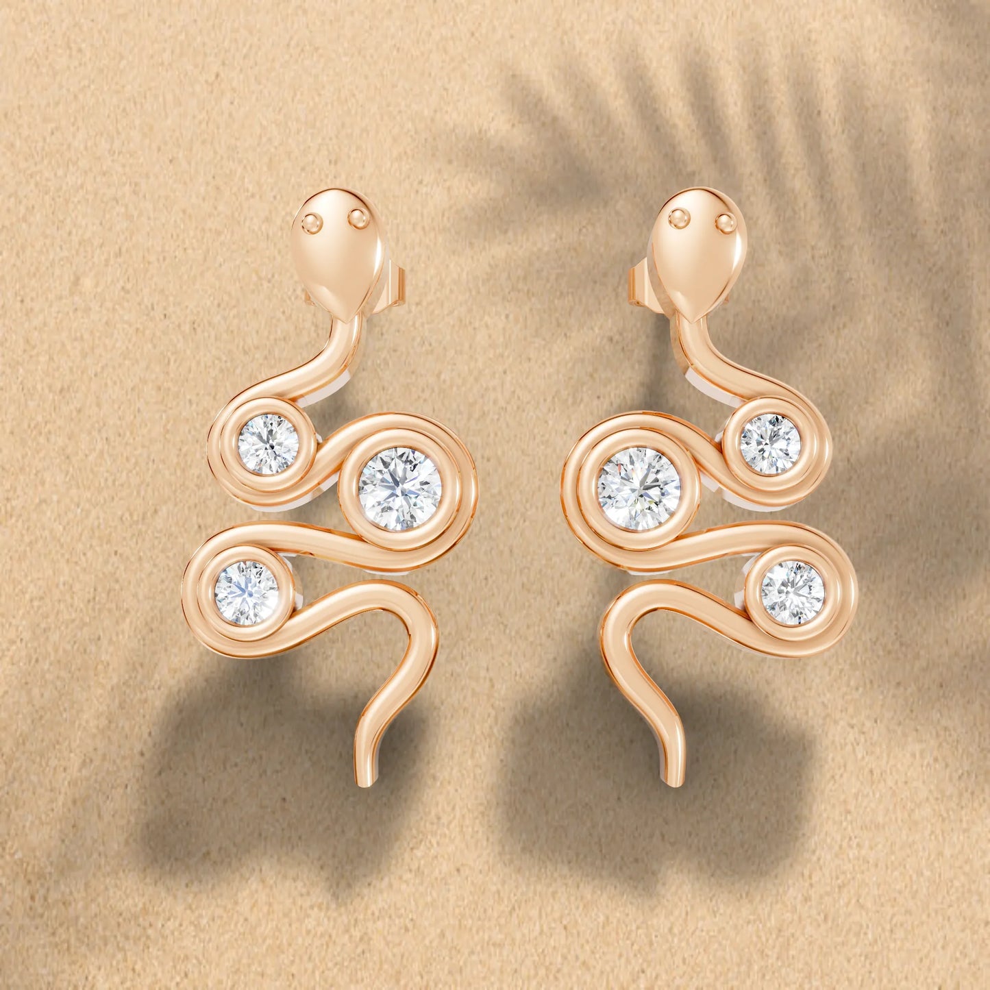 14K Gold Snake Inspired Round Diamond Earrings (Bezel Setting)