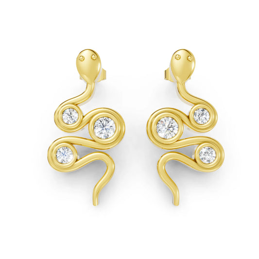 14K Gold Snake Inspired Round Diamond Earrings (Bezel Setting)