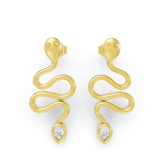 14K Gold Snake Inspired Pear Diamond Earrings (Bezel Setting)
