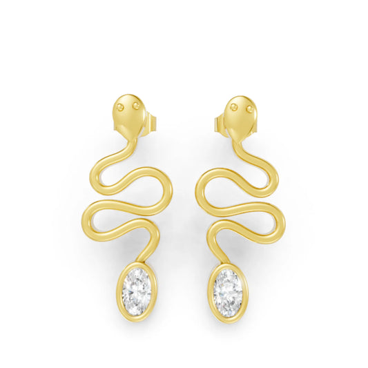 14K Gold Snake Inspired Oval Diamond Earrings (Bezel Setting)