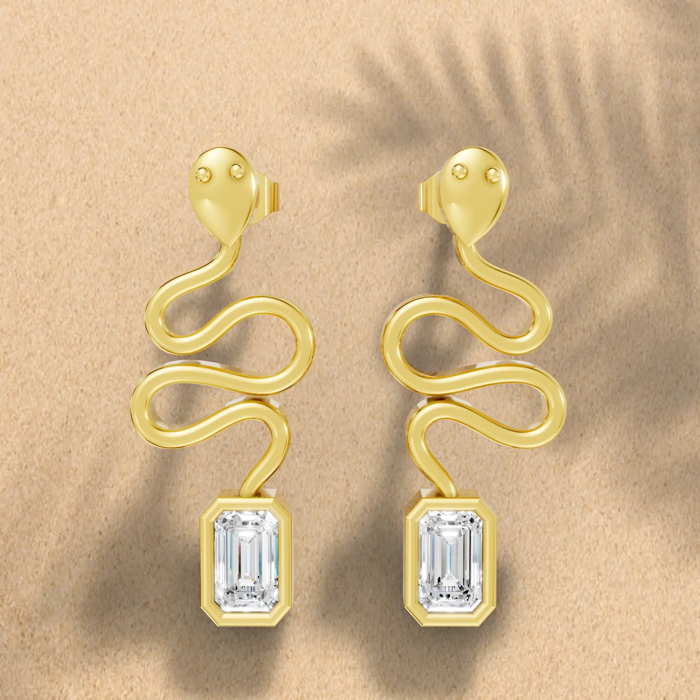 14K Gold Snake-Inspired Emerald Diamond Stud Earrings (Bezel Setting)