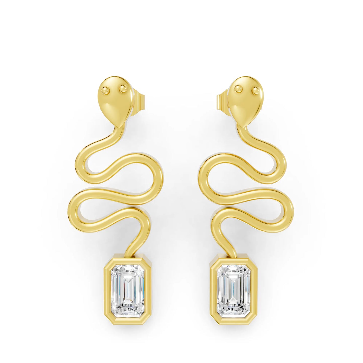 14K Gold Snake-Inspired Emerald Diamond Stud Earrings (Bezel Setting)