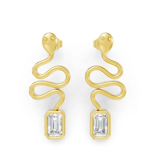 14K Gold Snake-Inspired Emerald Diamond Stud Earrings (Bezel Setting)