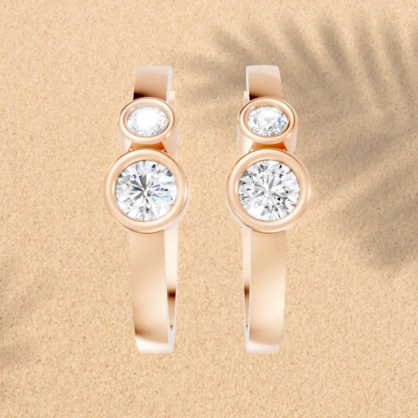 14K Gold Gold Round Cut Twin Diamond Minimalist Bezel Hoop Earring