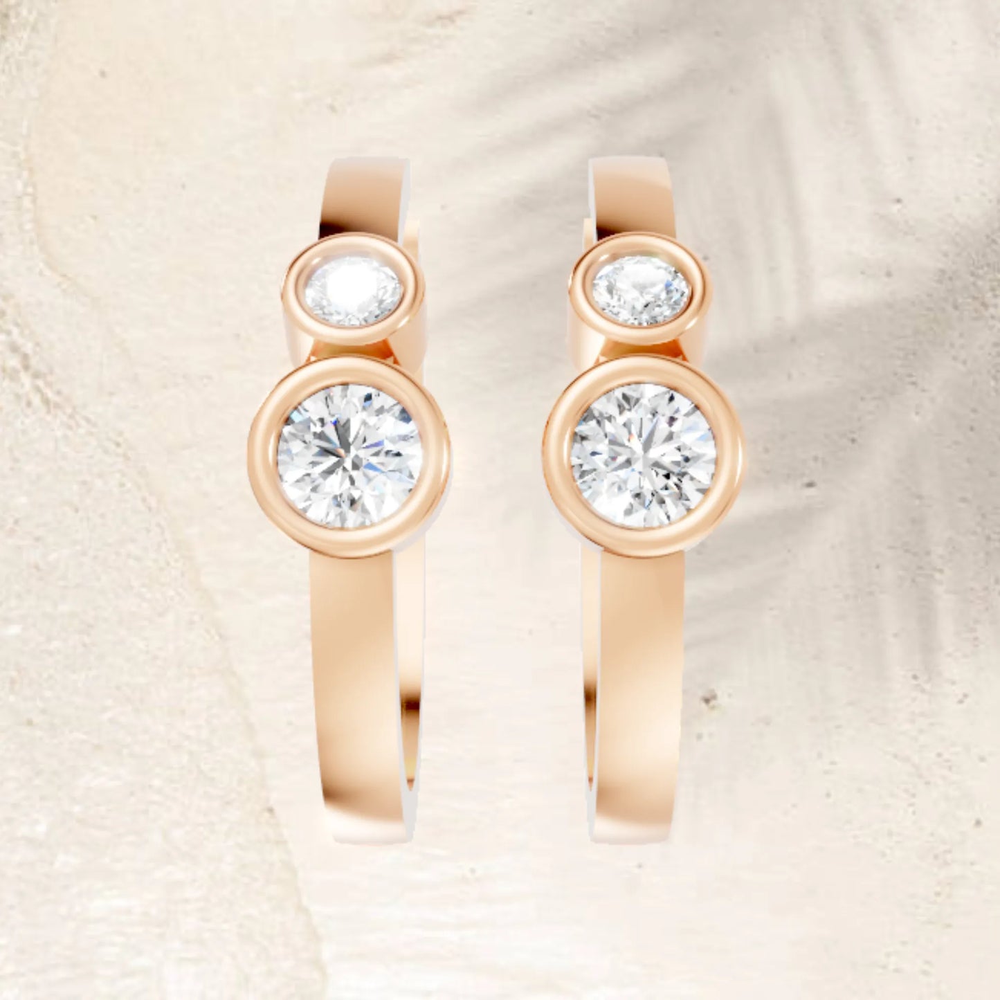 14K Gold Gold Round Cut Twin Diamond Minimalist Bezel Hoop Earring