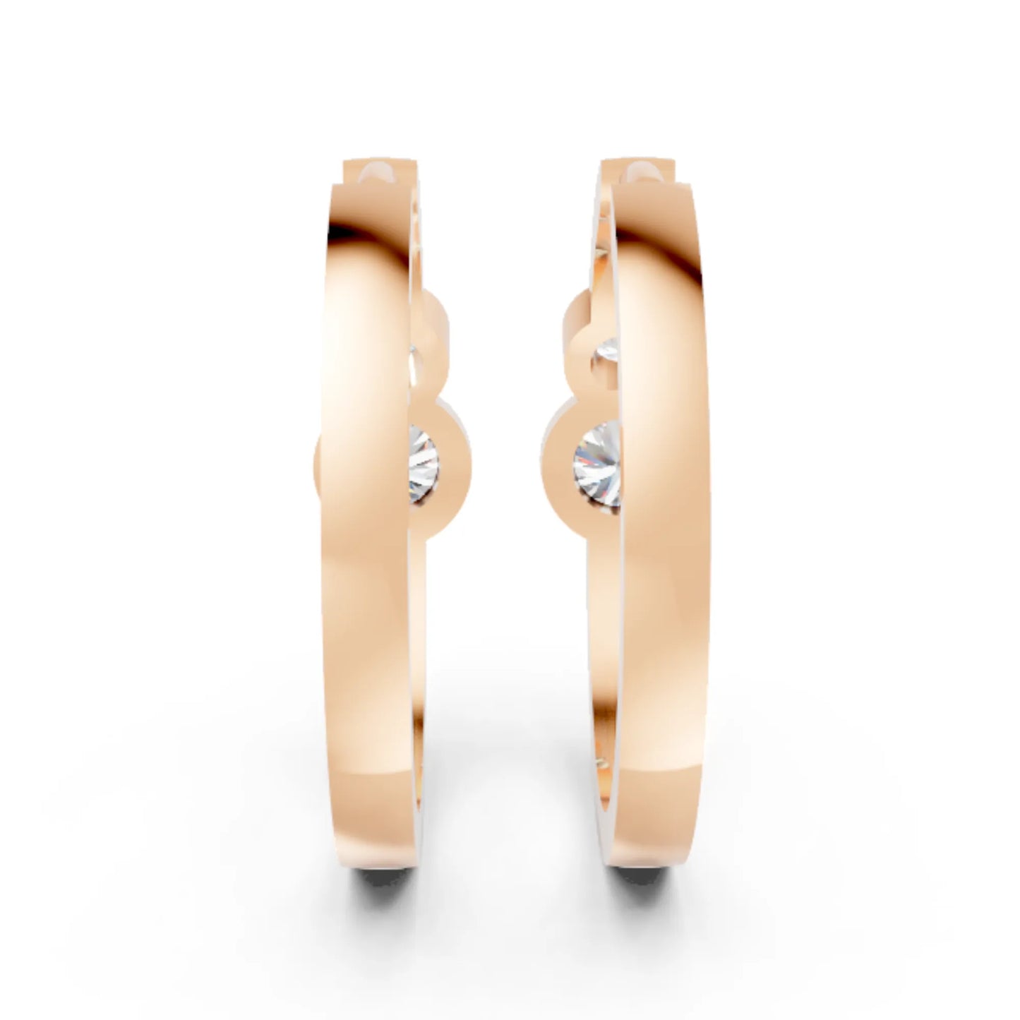 14K Gold Gold Round Cut Twin Diamond Minimalist Bezel Hoop Earring