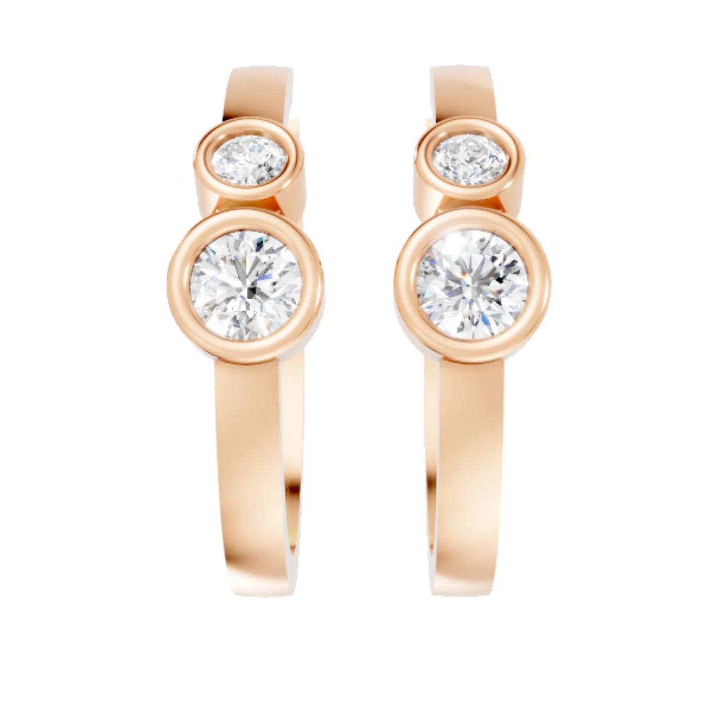 14K Gold Gold Round Cut Twin Diamond Minimalist Bezel Hoop Earring