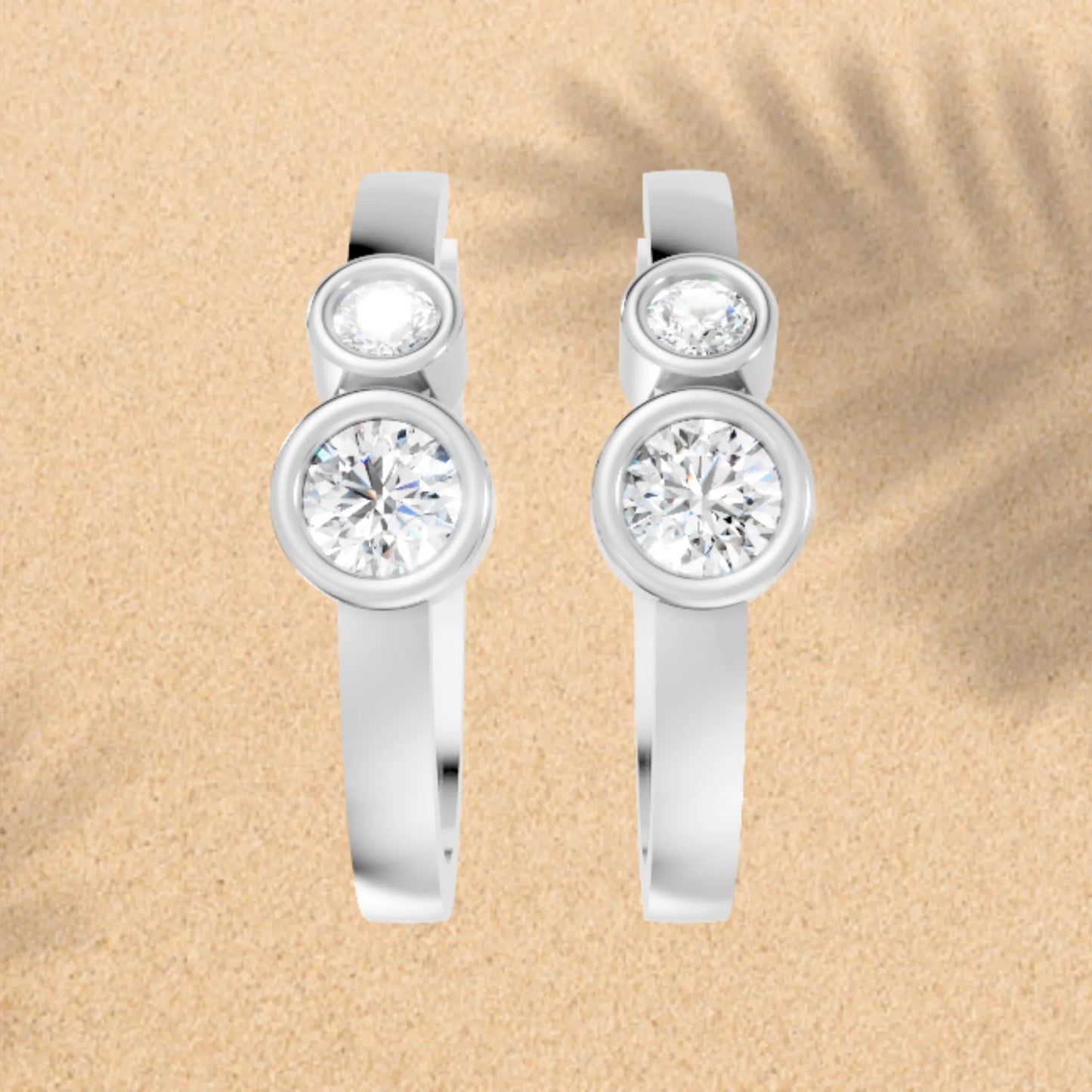 14K Gold Gold Round Cut Twin Diamond Minimalist Bezel Hoop Earring