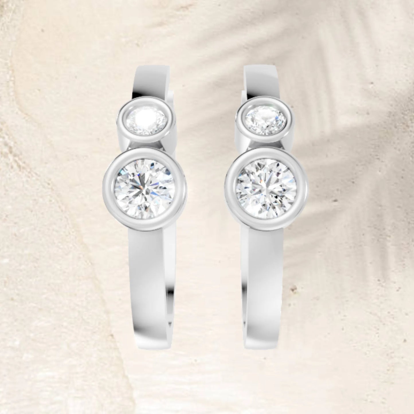 14K Gold Gold Round Cut Twin Diamond Minimalist Bezel Hoop Earring