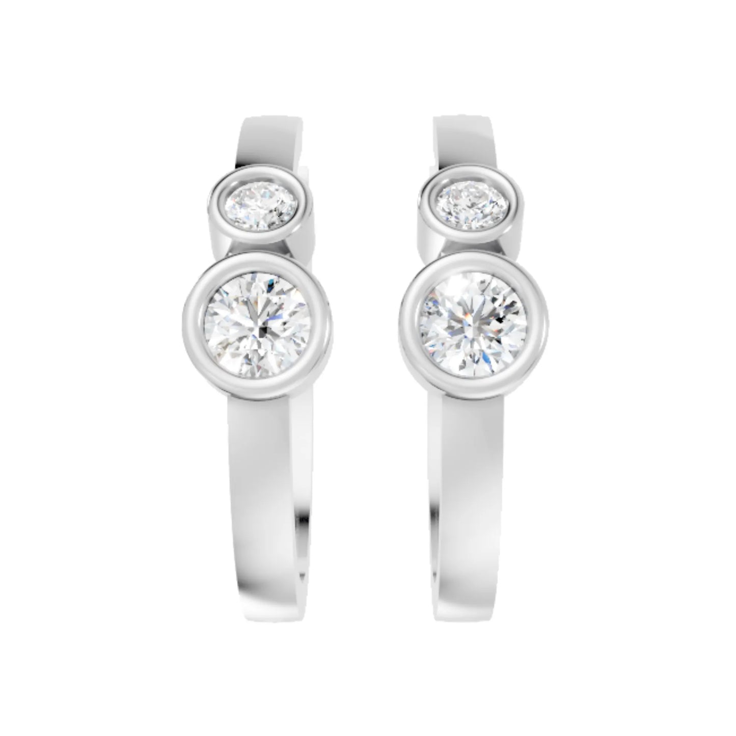 14K Gold Gold Round Cut Twin Diamond Minimalist Bezel Hoop Earring
