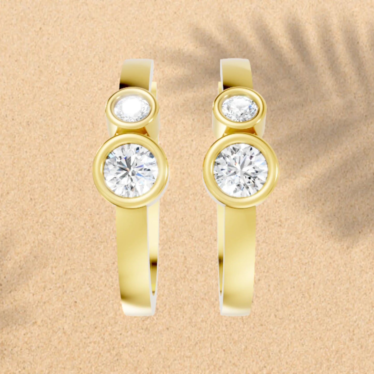 14K Gold Gold Round Cut Twin Diamond Minimalist Bezel Hoop Earring