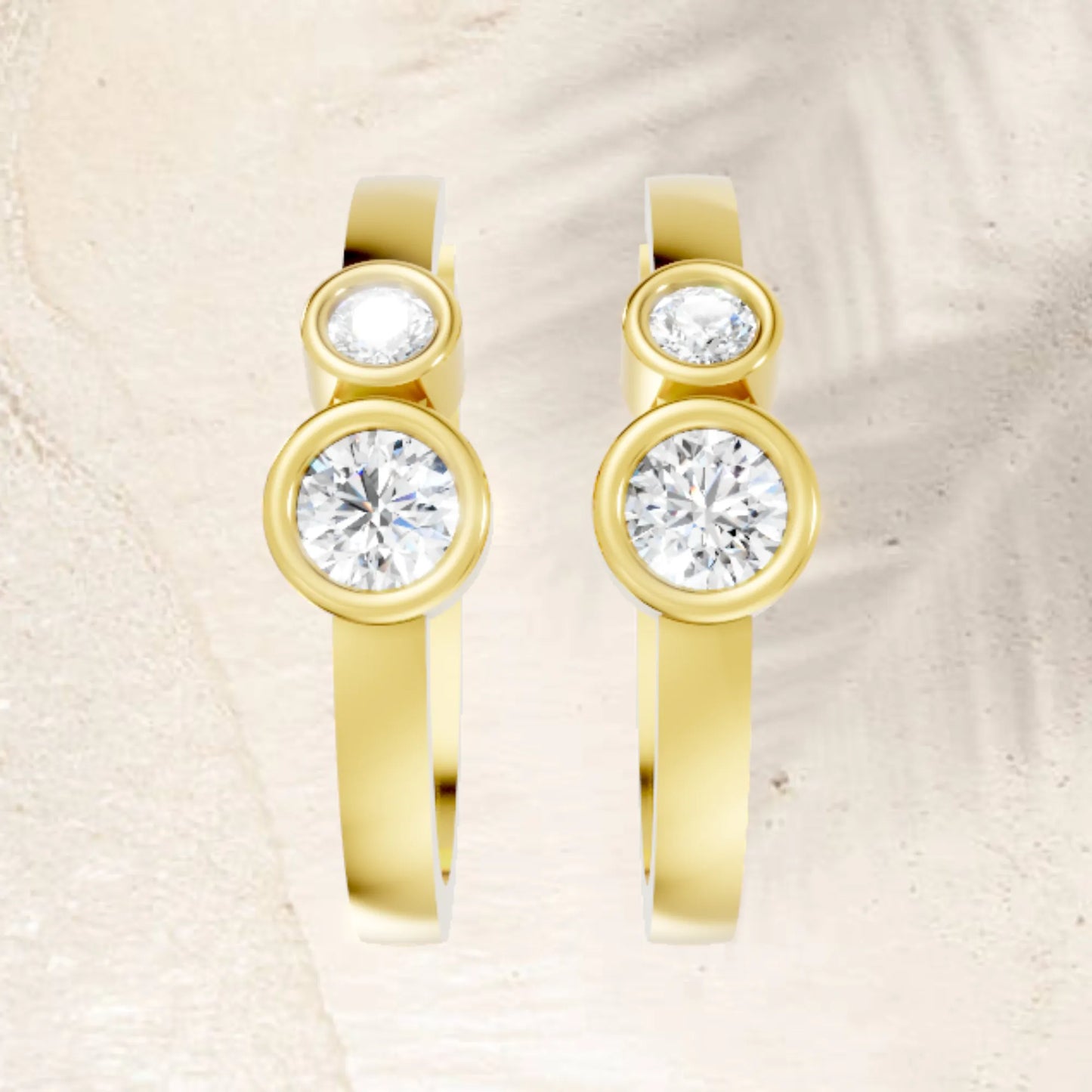 14K Gold Gold Round Cut Twin Diamond Minimalist Bezel Hoop Earring