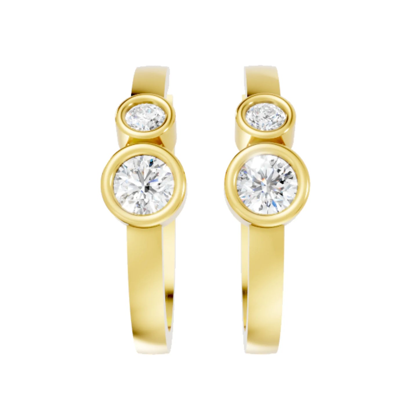 14K Gold Gold Round Cut Twin Diamond Minimalist Bezel Hoop Earring