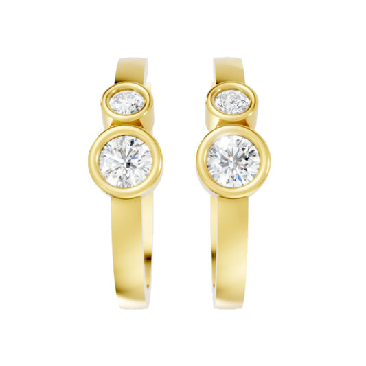 14K Gold Gold Round Cut Twin Diamond Minimalist Bezel Hoop Earring