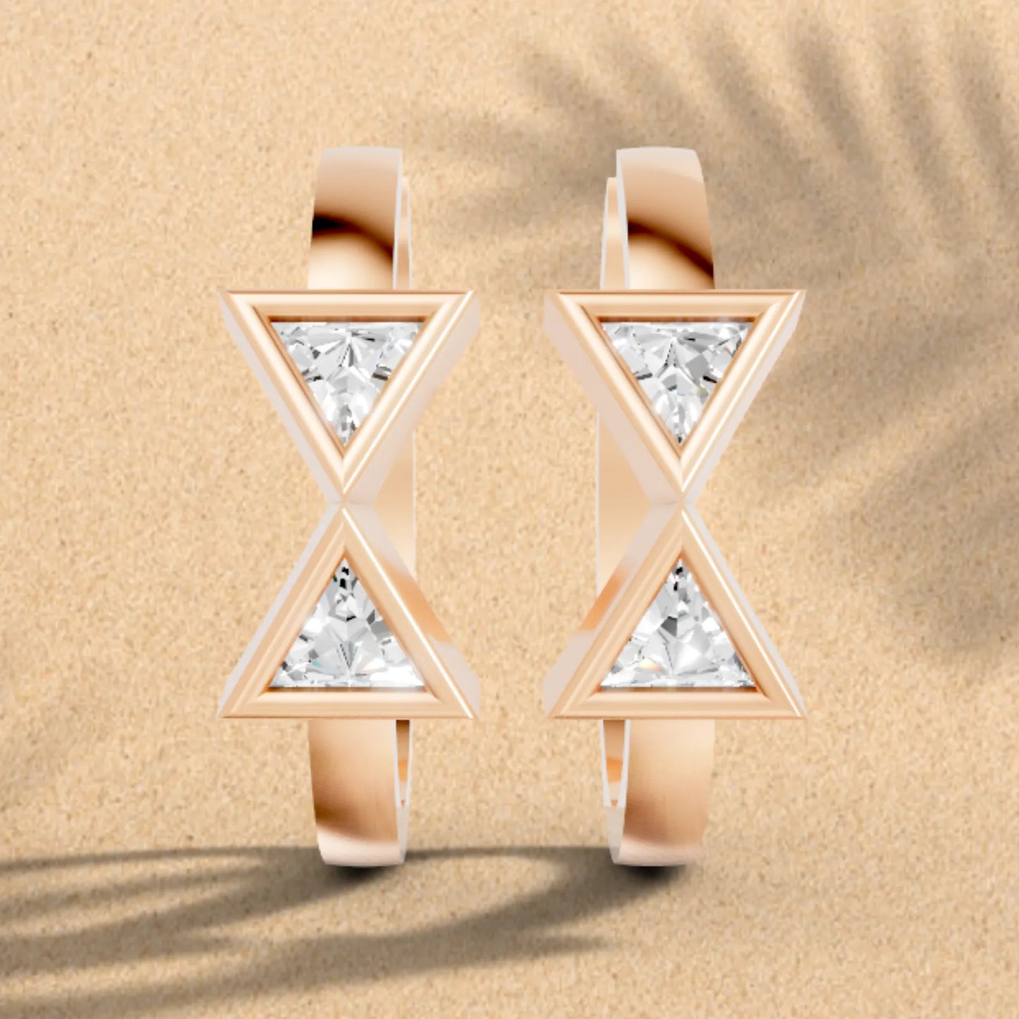 14K Gold Triangle Cut Twin Diamond Minimalist Bezel Hoop Earring